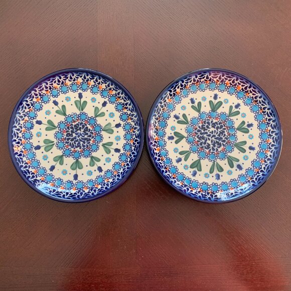 Two Polish Pottery "Blue Tulip Garden" 7" Plates by Ceramika Bona Boleslawiec - Picture 1 of 5